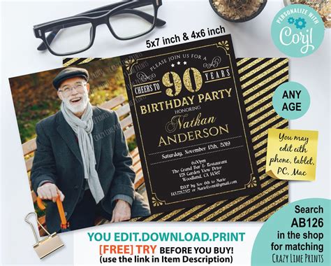 90th birthday invitations for a man|90th birthday party invitations for men.